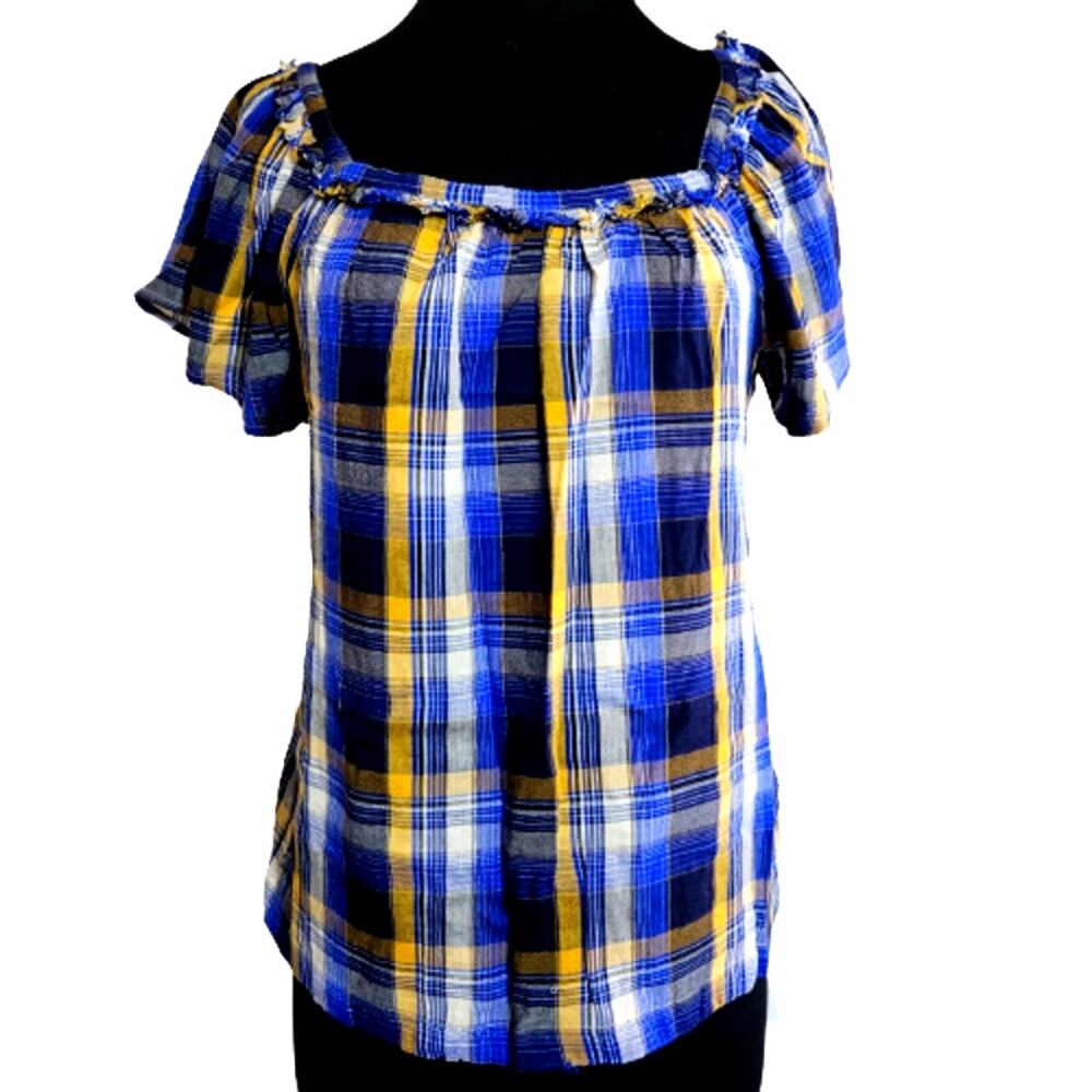 Vince Camuto Blue and Yellow Plaid Blouse Size Medium